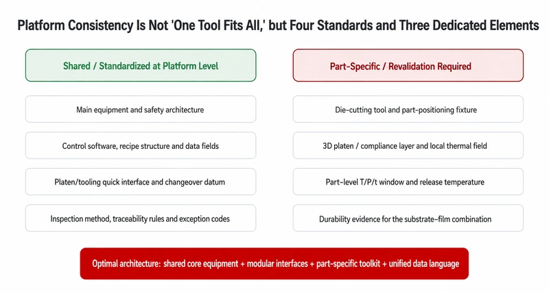 Platform architecture sharing core equipment while retaining part-specific toolkits