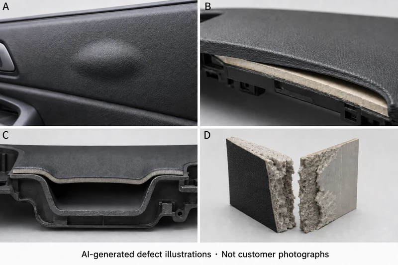 AI-generated illustrations of blistering, edge debonding, recess bridging, and cohesive foam failure