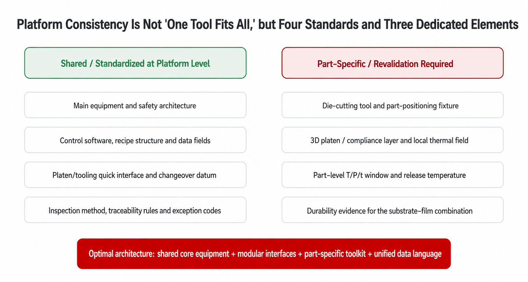 Platform architecture sharing core equipment while retaining part-specific toolkits