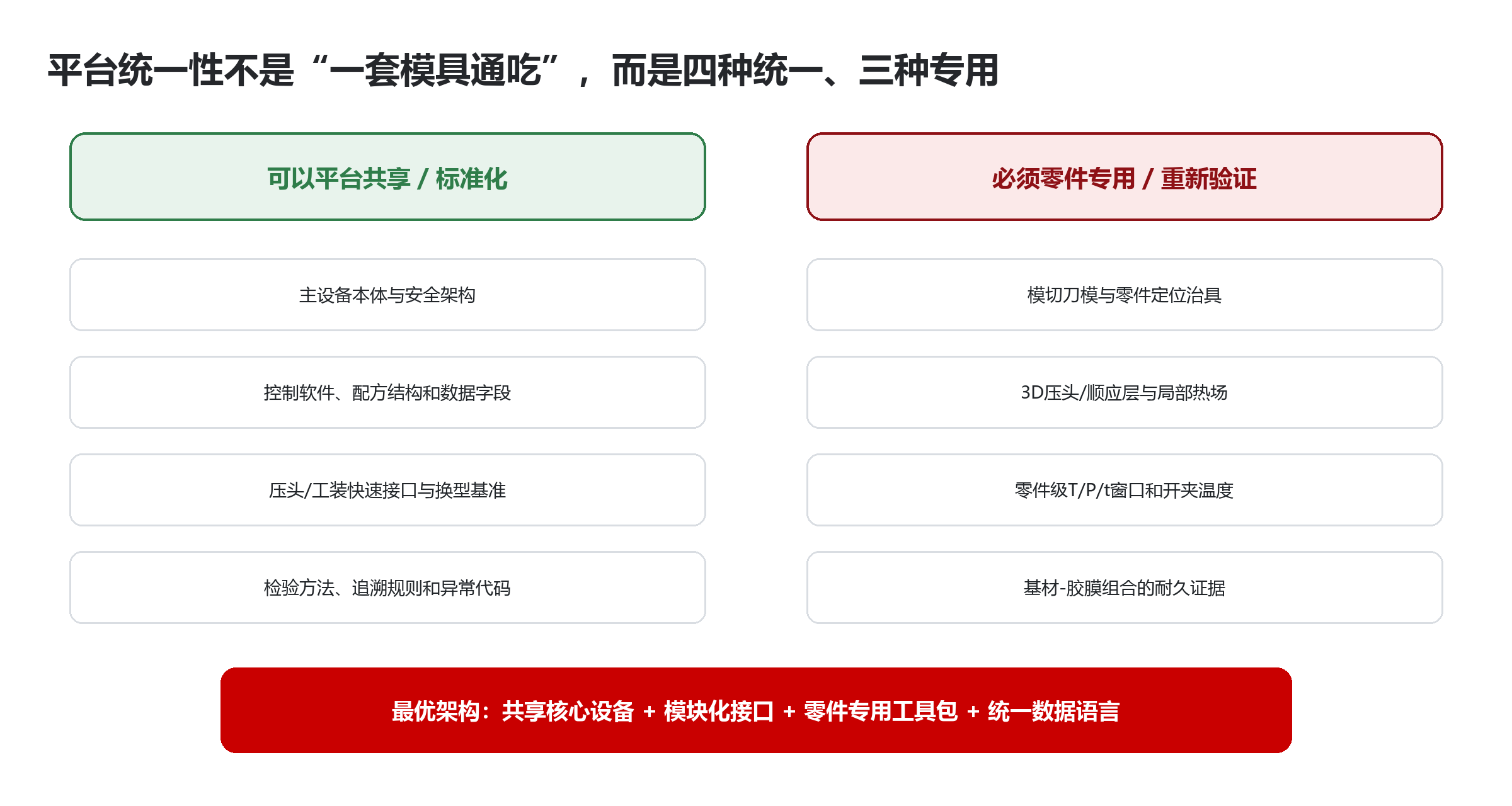 胶膜平台共享核心设备并保留零件专用工具包的架构