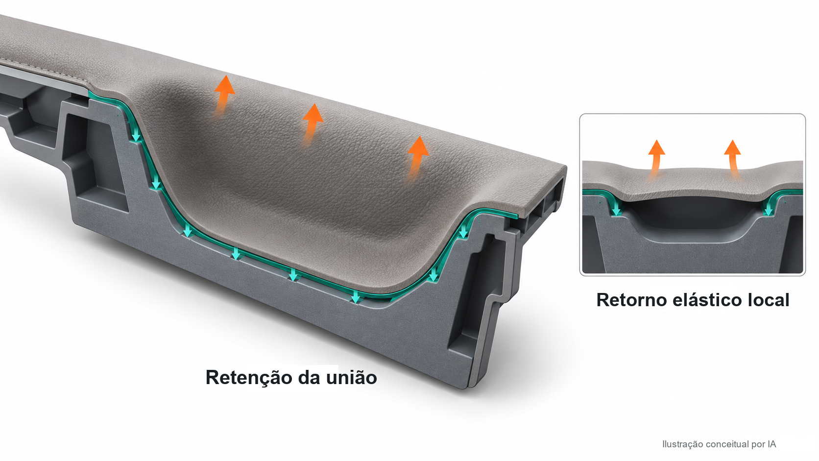 Ilustração conceitual da retenção do revestimento e do retorno elástico local em um rebaixo profundo