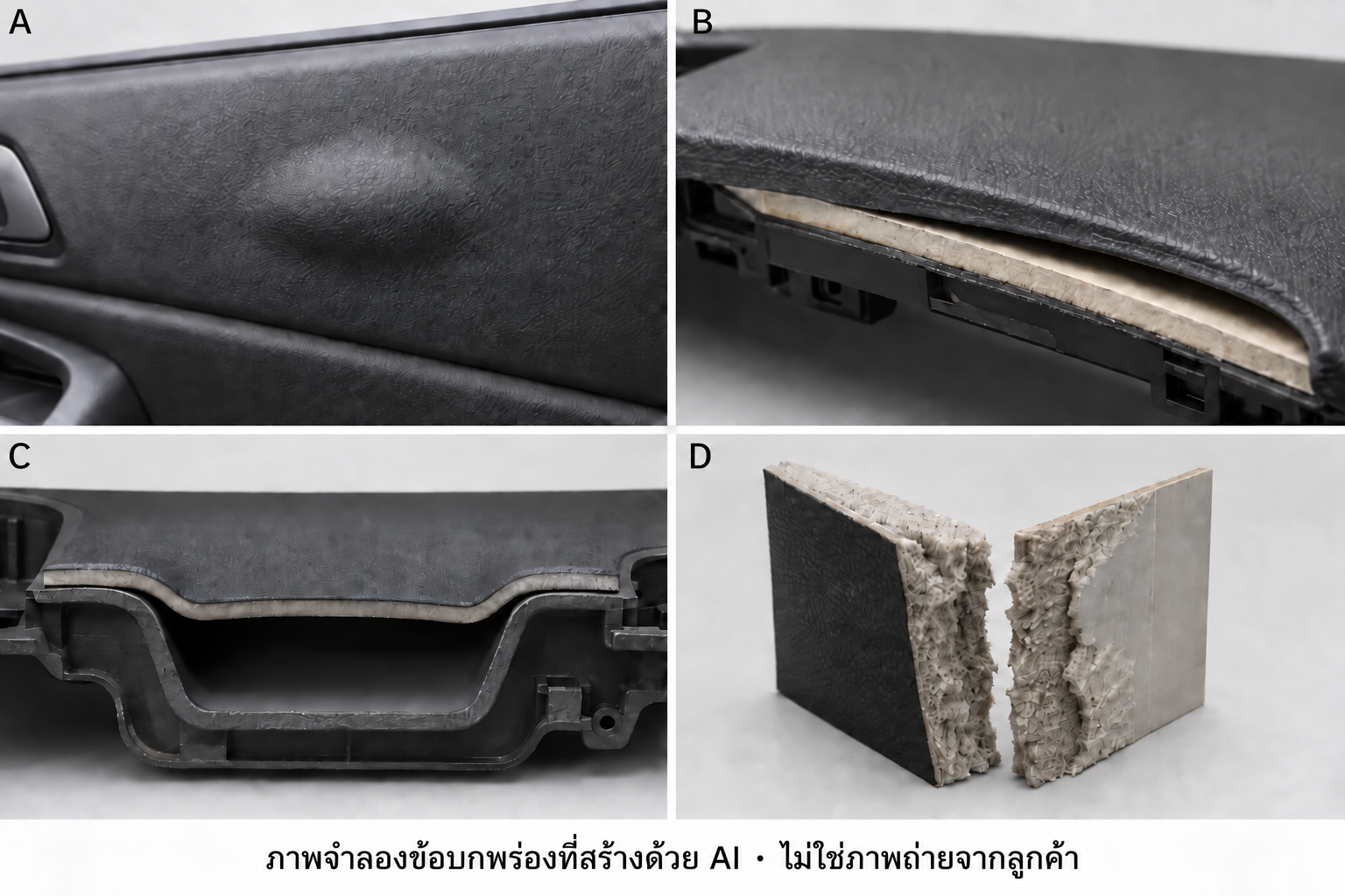 ภาพประกอบที่สร้างด้วย AI แสดงรอยพอง รอยยึดติดบริเวณขอบที่หลุดล่อน วัสดุหุ้มที่พาดข้ามส่วนเว้า และการฉีกขาดภายในเนื้อโฟม